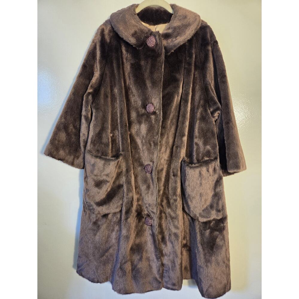 Vtg 50s 1950s Brazotta Sportowne Long Coat Brown Faux Fur Pockets Womens XL XXL